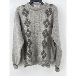 Lord Jeff Sweater Mens Large Gray Shetland Wool Cable Argyle Crewneck Ireland
